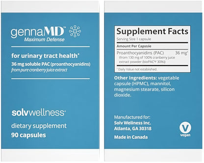 Solv Wellness GennaMD - Maximum UTlDefense - 36 mg Soluble PAc from100% Cranberry Juice Extract - HighestPAC Concentration in a Small, Easy-to-Swallow Capsule -90 Capsules